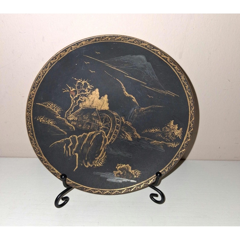 Vintage June China Kure Japan Decorative Plate Black Gold Scenic Landscape